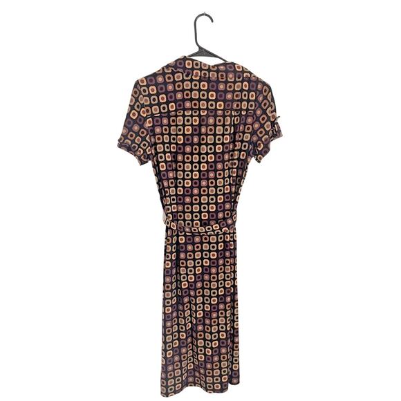 Retro Geometric Print Midi Dress Sz 12 Belted Stretch Shirt Dress Mod Y2K Office - Picture 2 of 8